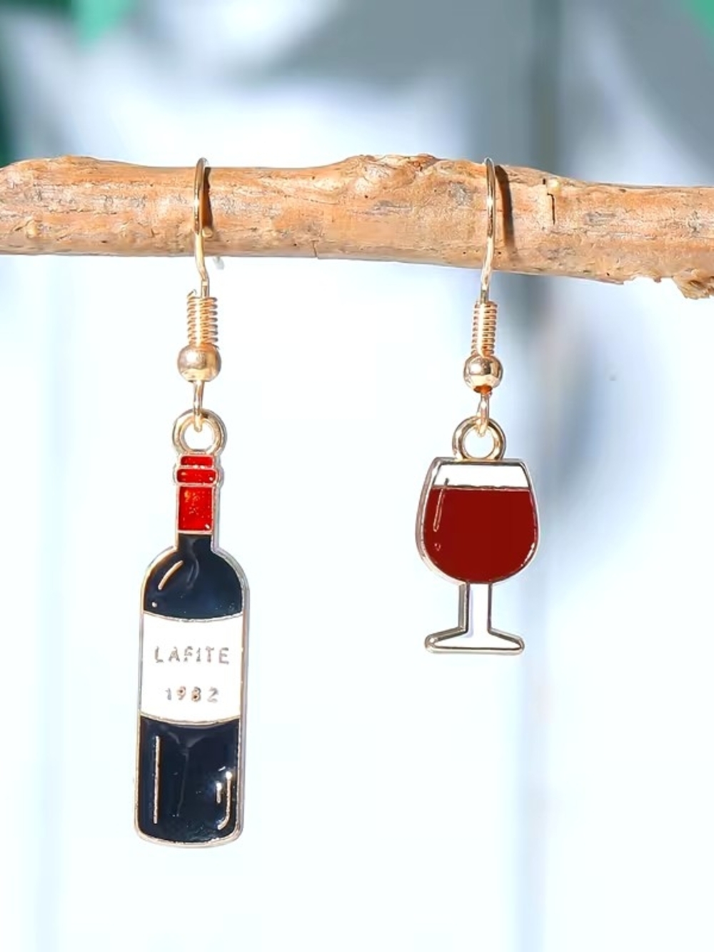 Wine Bottle and Glass Enamel Drop Earrings - Gold Tone, Red & Black